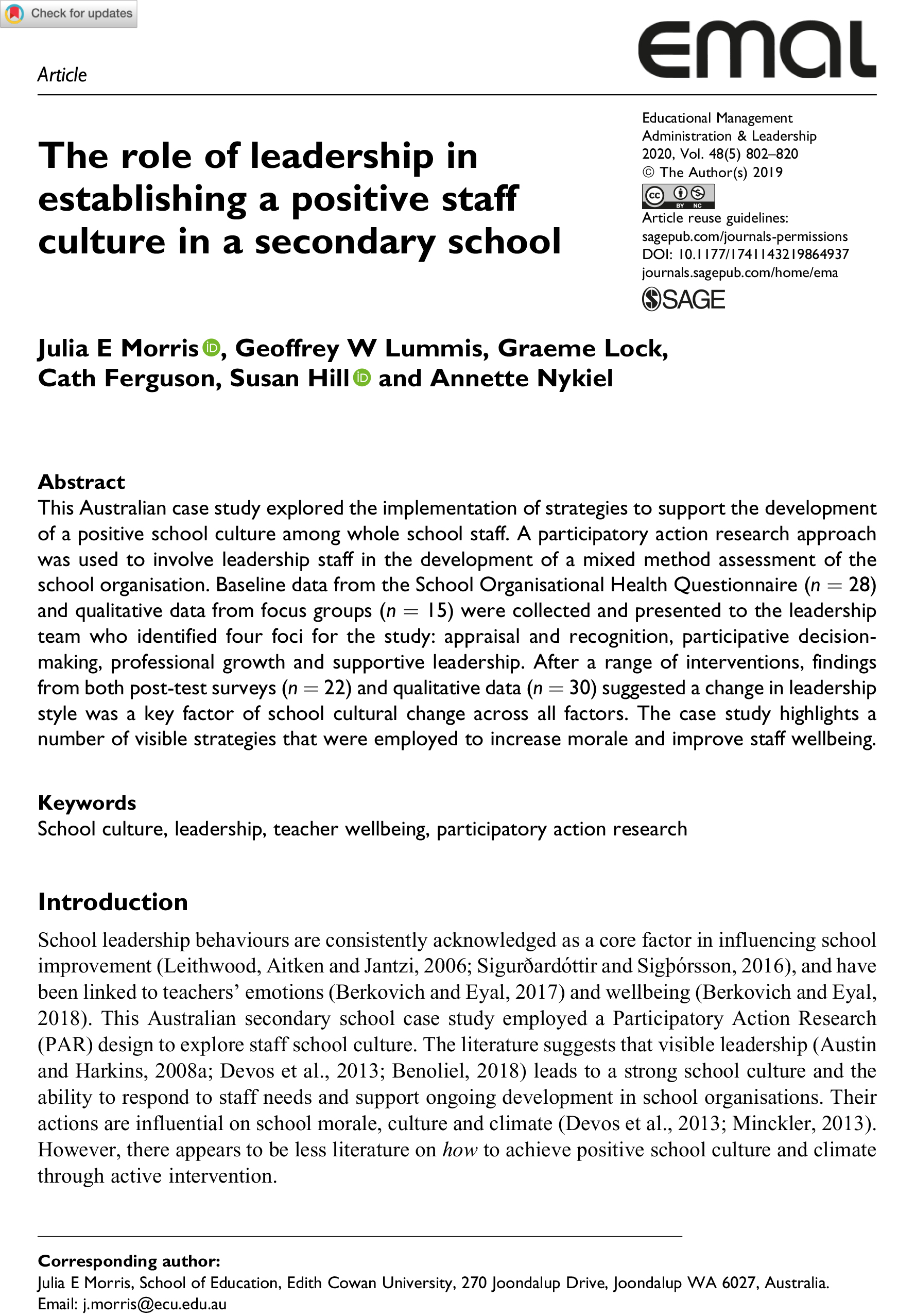 The role of leadership in establishing a positive staff culture in a secondary school